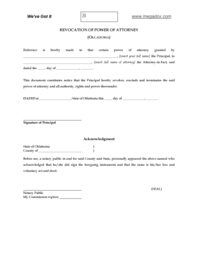 Picture of Oklahoma Revocation of Power of Attorney