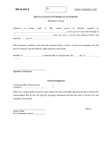 Picture of Pennsylvania Revocation of Power of Attorney