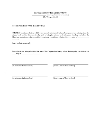 Resolution of the directors of a U.S. corporation to ratify past resolutions