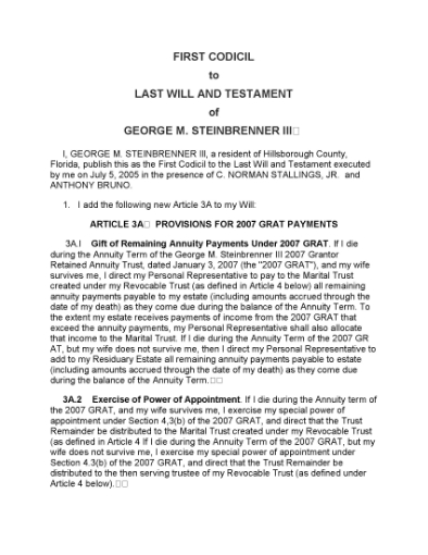 Picture of George Steinbrenner Codicil to Last Will
