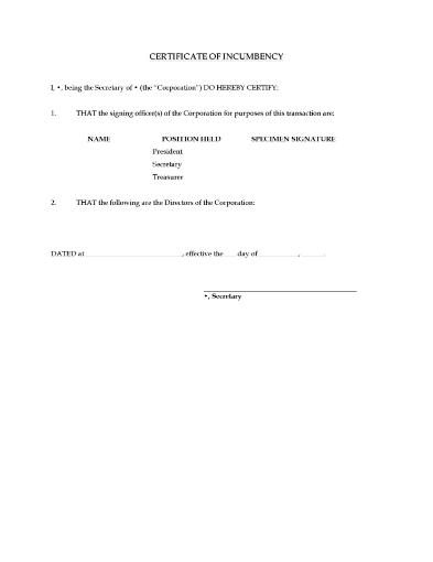 Certificate of Incumbency for a Canadian corporation