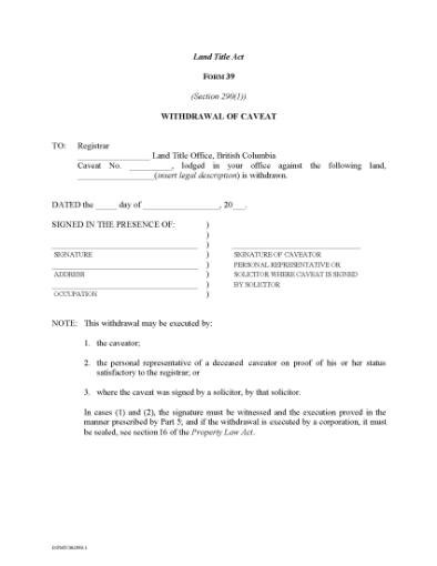 Picture of British Columbia Withdrawal of Caveat