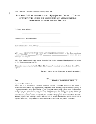 Picture of Northern Ireland Notice to Tenant of Possession of Business Premises