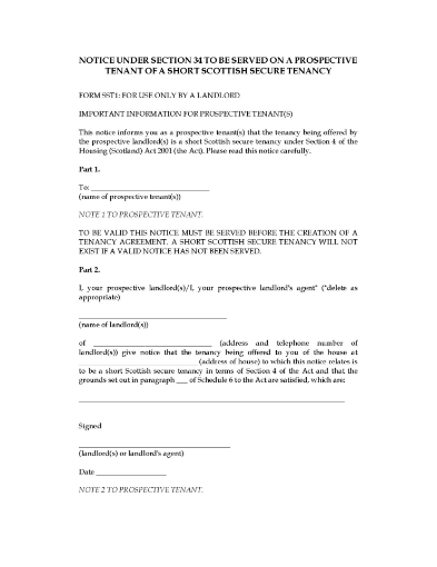 Notice to Prospective Tenant of Short Secure Tenancy