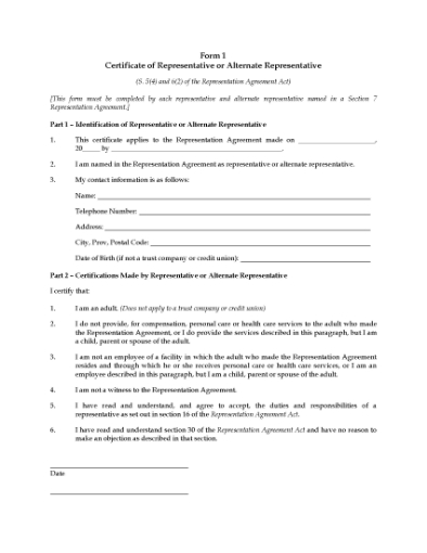 Picture of British Columbia Form 1 Certificate of Representative