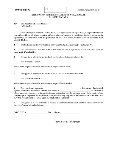 Canada Trademark Application Form 4 Proposed Use
