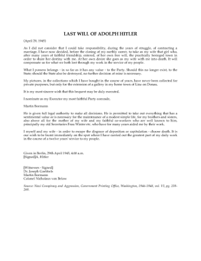 Picture of Adolf Hitler Last Will and Testament