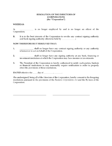 Directors resolution form to revoke signing authority for an officer of a Canadian business corporation