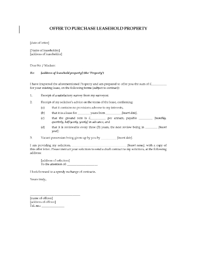 Letter Offer to Purchase Leasehold Property in the United Kingdom