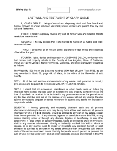 Picture of Clark Gable Last Will and Testament