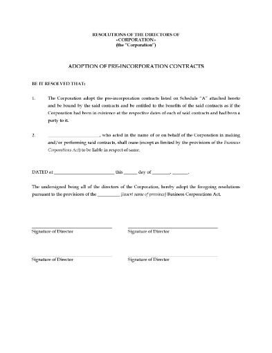 Canada Directors Resolution to Adopt Pre-Incorporation Contracts