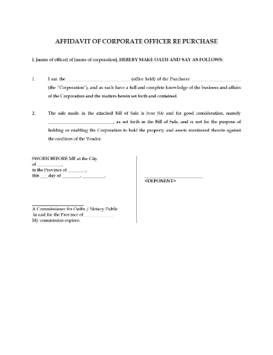 Picture of Affidavit of Bona Fide Purchase of Assets | Canada