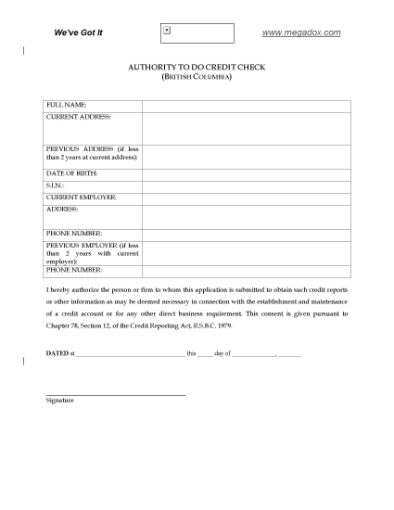Picture of British Columbia Authority to Do Credit Check