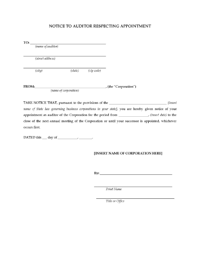 Picture of Notice Appointing Auditor of Corporation | USA