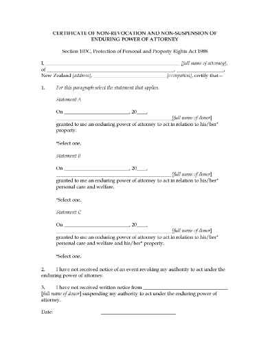 Picture of Certificate of Non-Revocation of Power of Attorney | New Zealand