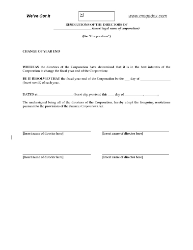 Canada Directors Resolution to Change Fiscal Year End
