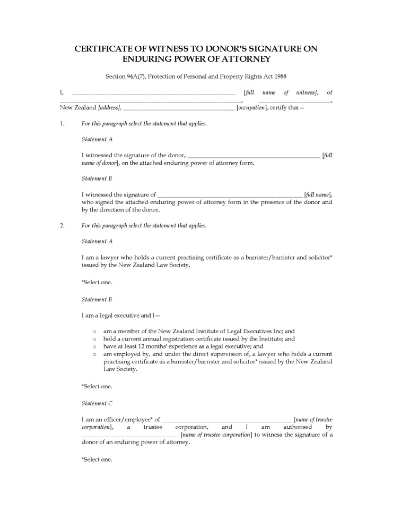 New Zealand Certificate of Witness to Donor's Signature on Enduring Power of Attorney
