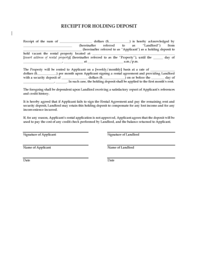 Picture of Receipt for Holding Deposit on Rental Property