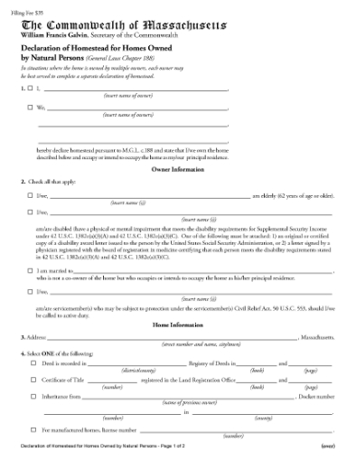 Picture of Massachusetts Homestead Declaration for Natural Persons
