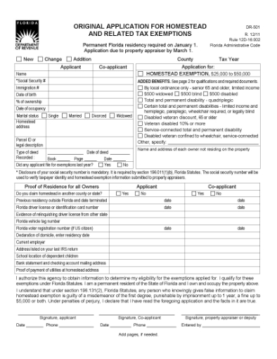 Picture of Florida Original Application for Homestead