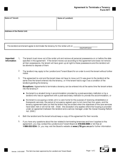 Picture of Ontario Agreement to Terminate a Tenancy