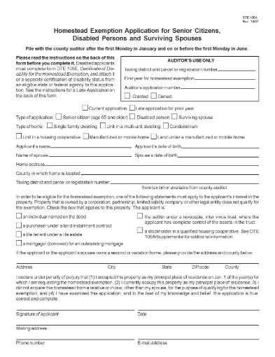 Picture of Ohio Homestead Exemption Application DTE 105A