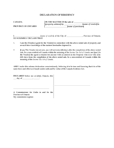 Picture of Ontario Declaration of Residency