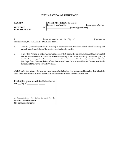 Picture of Saskatchewan Declaration of Residency