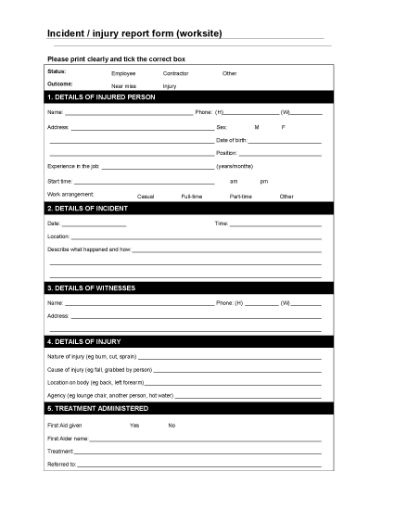 Picture of Worksite Incident / Injury Report Form