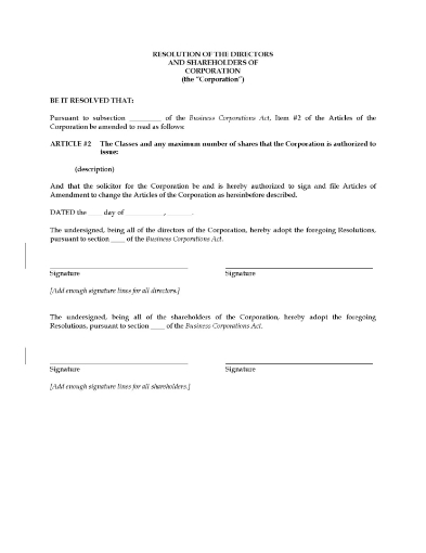 Corporate resolutions to amend the share structure of a Canadian business corporation
