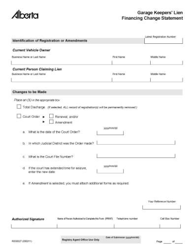 Picture of Alberta Garage Keeper's Lien Financing Change Statement