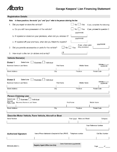 Alberta Garage Keeper's Lien Financing Statement