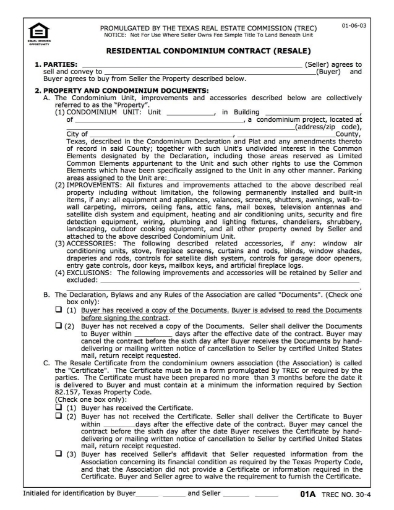 texas condominium resale contract