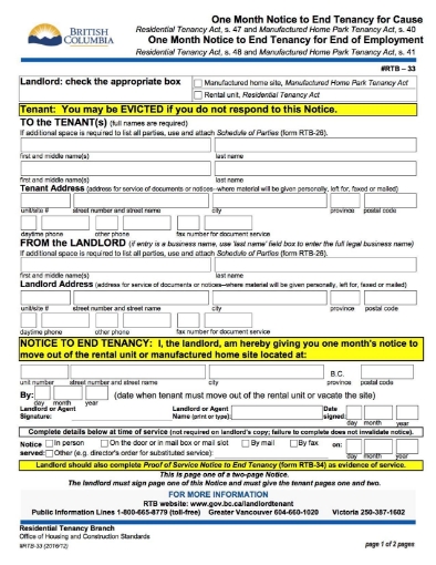 bc 1 month notice to end tenancy