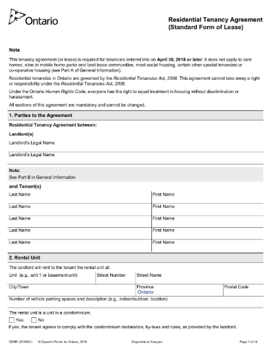 Ontario residential rental agreement