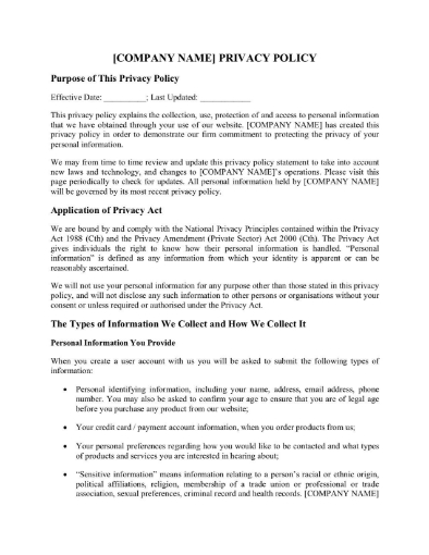 Australia website privacy policy