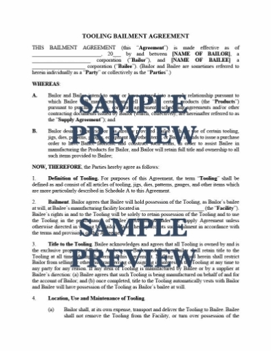 Picture of Tooling Bailment Agreement | USA
