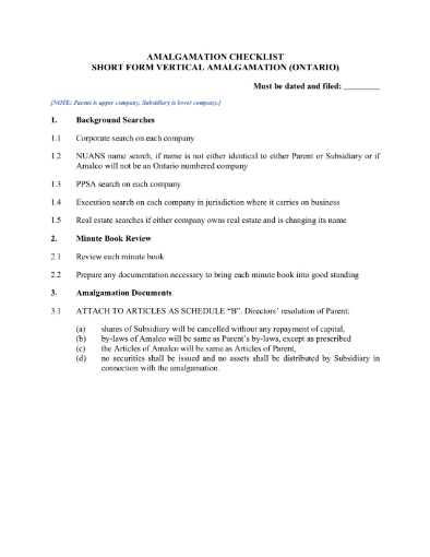 Ontario short form vertical amalgamation checklist