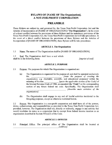 Picture of Texas Bylaws of Non-Profit Corporation