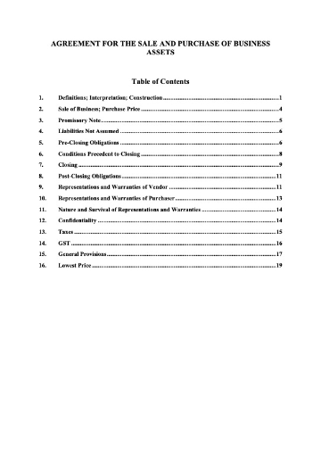 Agreement for the sale of a business in New Zealand