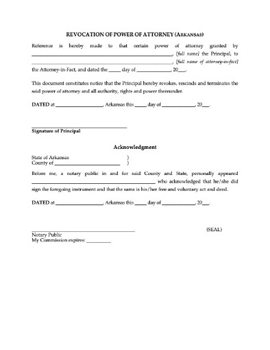Picture of Arkansas Revocation of Power of Attorney