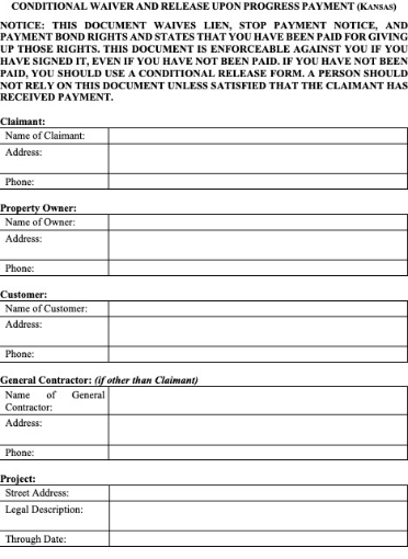 Kansas Conditional Lien Waiver and Release on Progress Payment