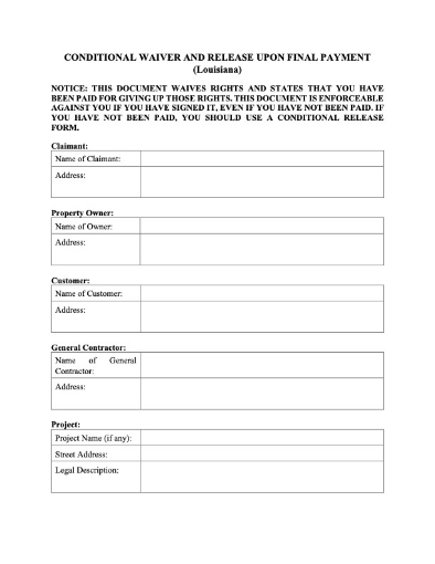Louisiana Lien Waiver and Release Forms Package