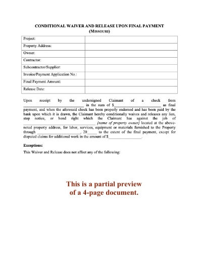 Missouri Conditional Lien Waiver and Release - Final Payment