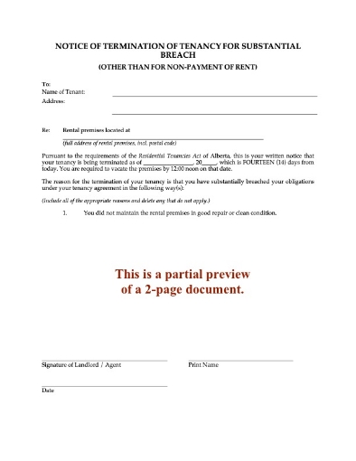 Alberta Notice of Termination of Tenancy for Substantial Breach