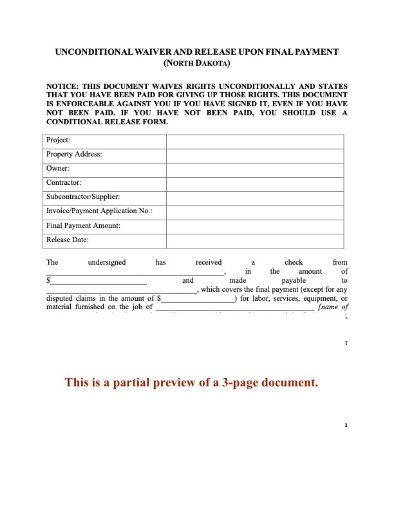 North Dakota Unconditional Lien Waiver and Release on Final Payment
