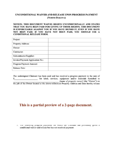 North Dakota Unconditional Lien Waiver and Release on Progress Payment