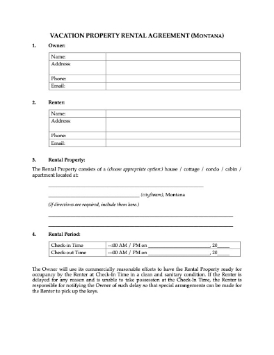 Montana Vacation Property Short-Term Rental Agreement