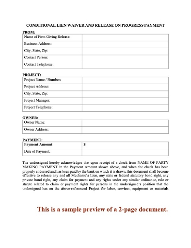 Washington Conditional Lien Waiver and Release on Progress Payment